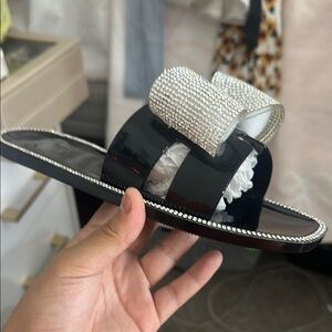 Black and Silver Rhinestone Slide Sandals